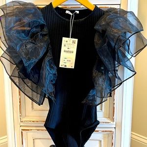 Zara ORGANZA RUFFLE RIB BODYSUIT, Size: Small